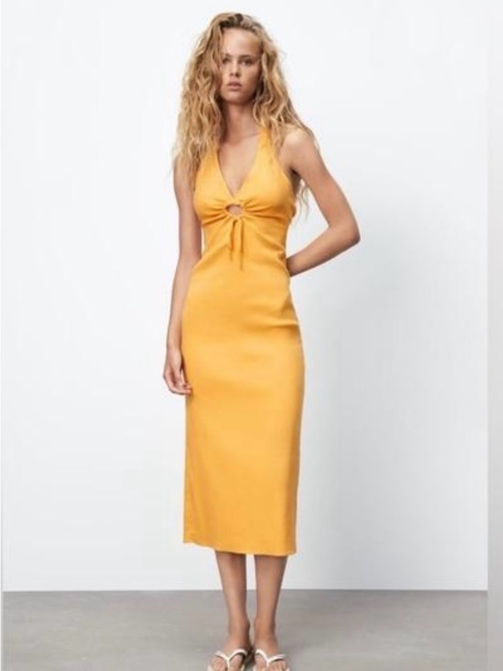 Zara Tangerine Cut Out Linen Blend Stretchy Halter Midi Dress - Size S